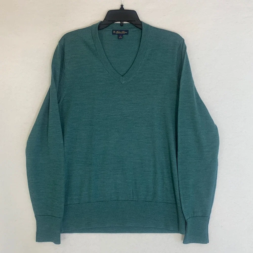 Brooks Brothers Sweater Mens Small Green Extra‎ Fine Merino Wool V-Neck Pullover